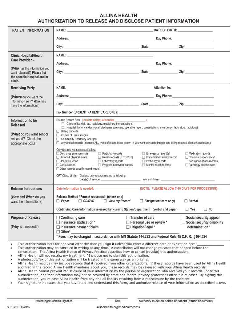 2015 Form Allina Health SR 10290 Fill Online Printable Fillable