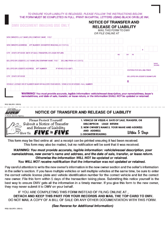 Fillable Form Reg 138 Notice Of Transfer And Release Of Liability