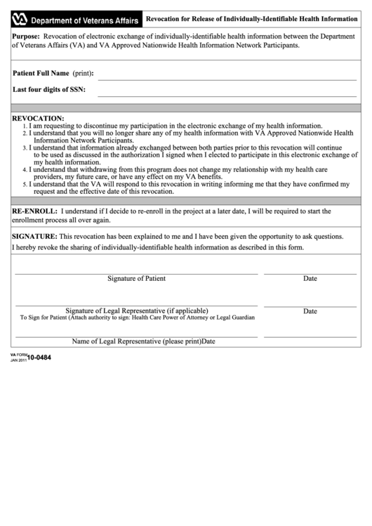 Fillable Va Form 10 0484 Revocation For Release Of Individually