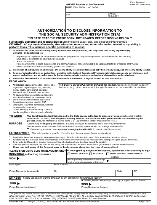 Form SSA 827 Download Fillable PDF Or Fill Online Authorization To