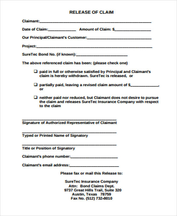 Release Of All Claims Form Template
