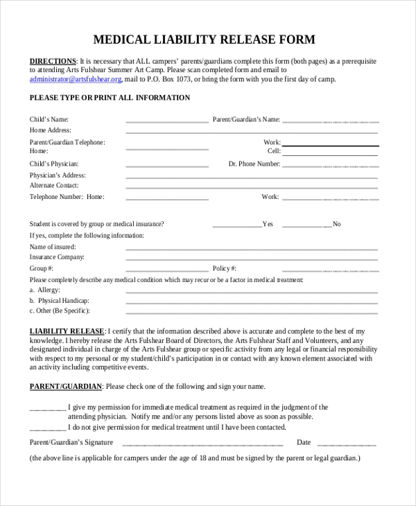 FREE 9 Sample Liability Release Forms In MS Word PDF