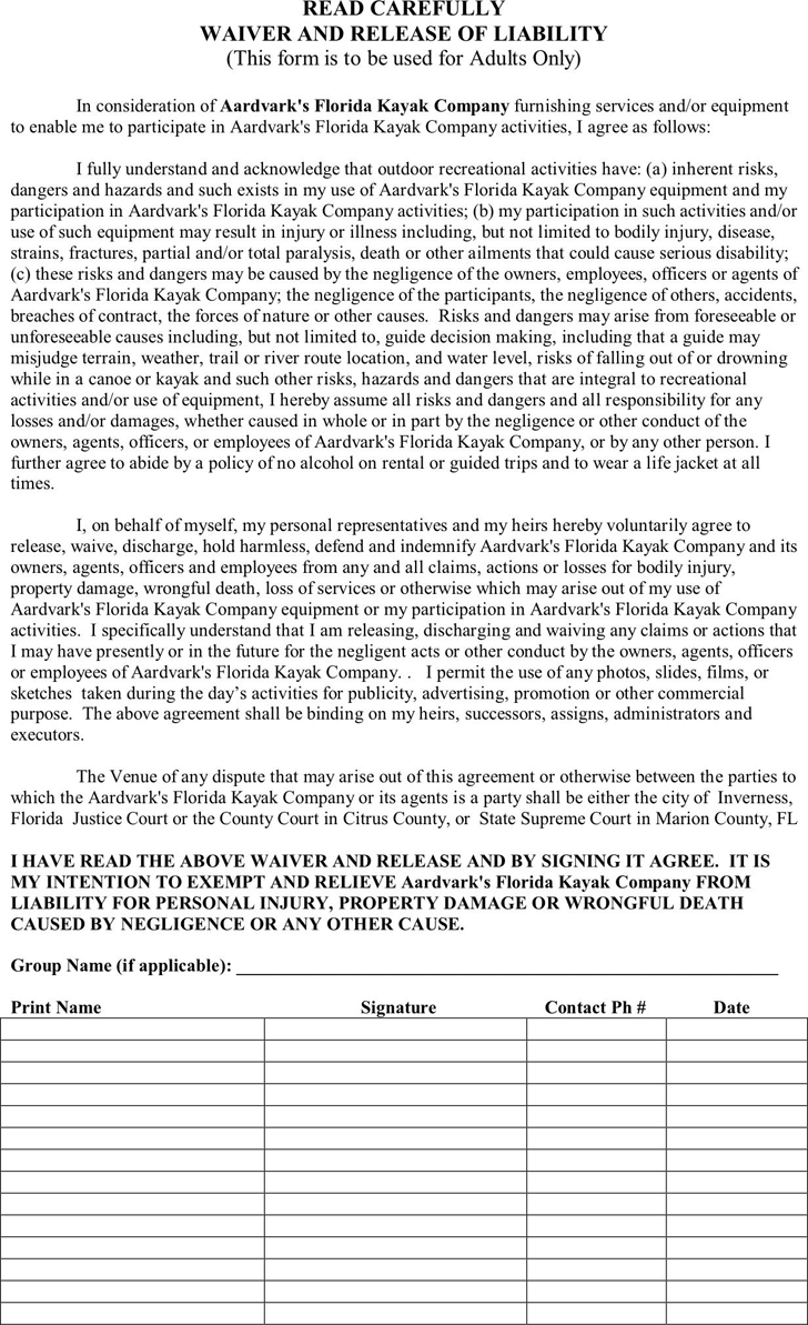 Free Florida Liability Release Form For Adults PDF 8KB 1 Page s