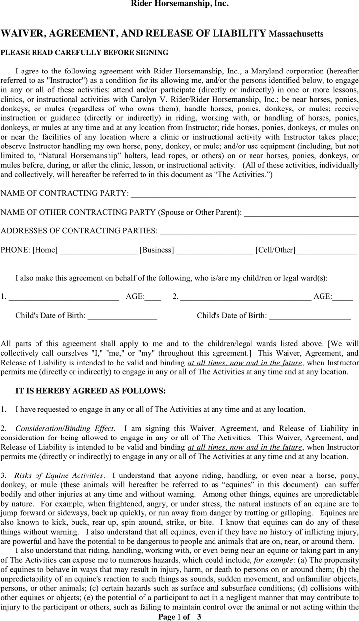 Free Massachusetts Liability Release Form PDF 103KB 3 Page s