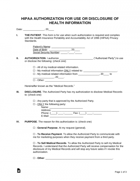 Free Medical Records Release Authorization Form HIPAA Word PDF