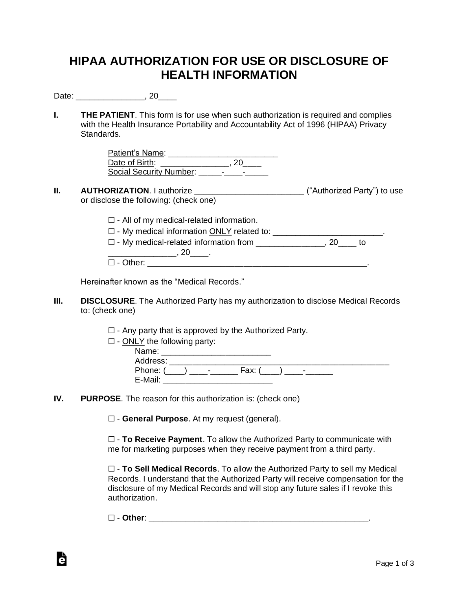 Is There A Standard Hipaa Form