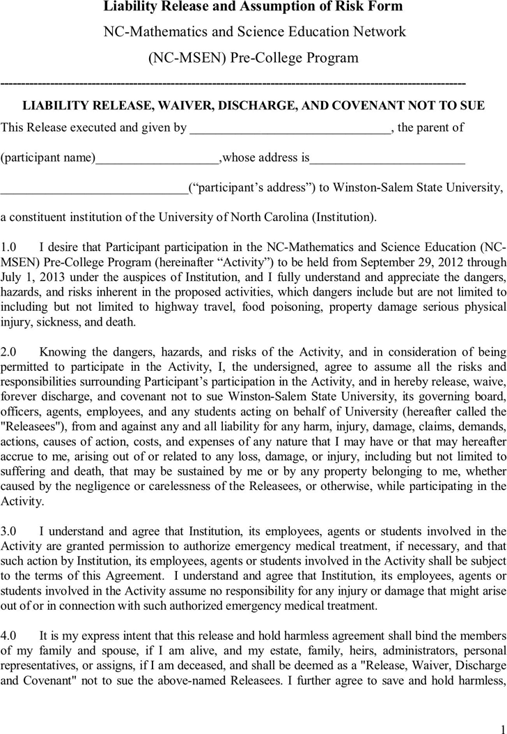 Free North Carolina Liability Release Form PDF 18KB 2 Page s