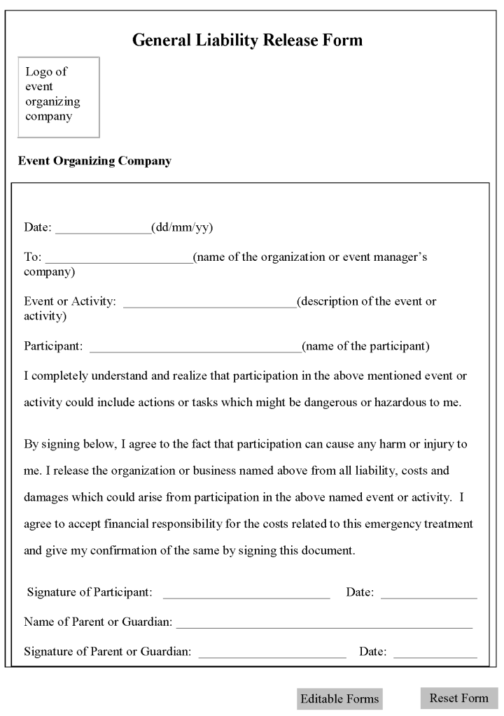 Free Printable Liability Release Form Template Form GENERIC