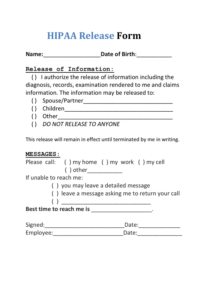 HIPAA Release Form In Word And Pdf Formats