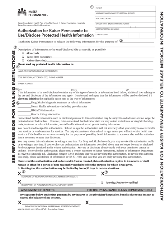 Kaiser Authorization Medical Records Release Form Printable Pdf Download