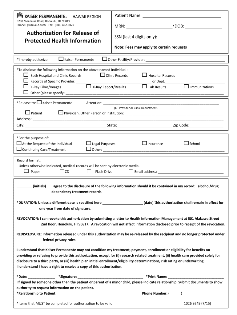 Kaiser Release Of Information Form Fill Out And Sign Printable PDF