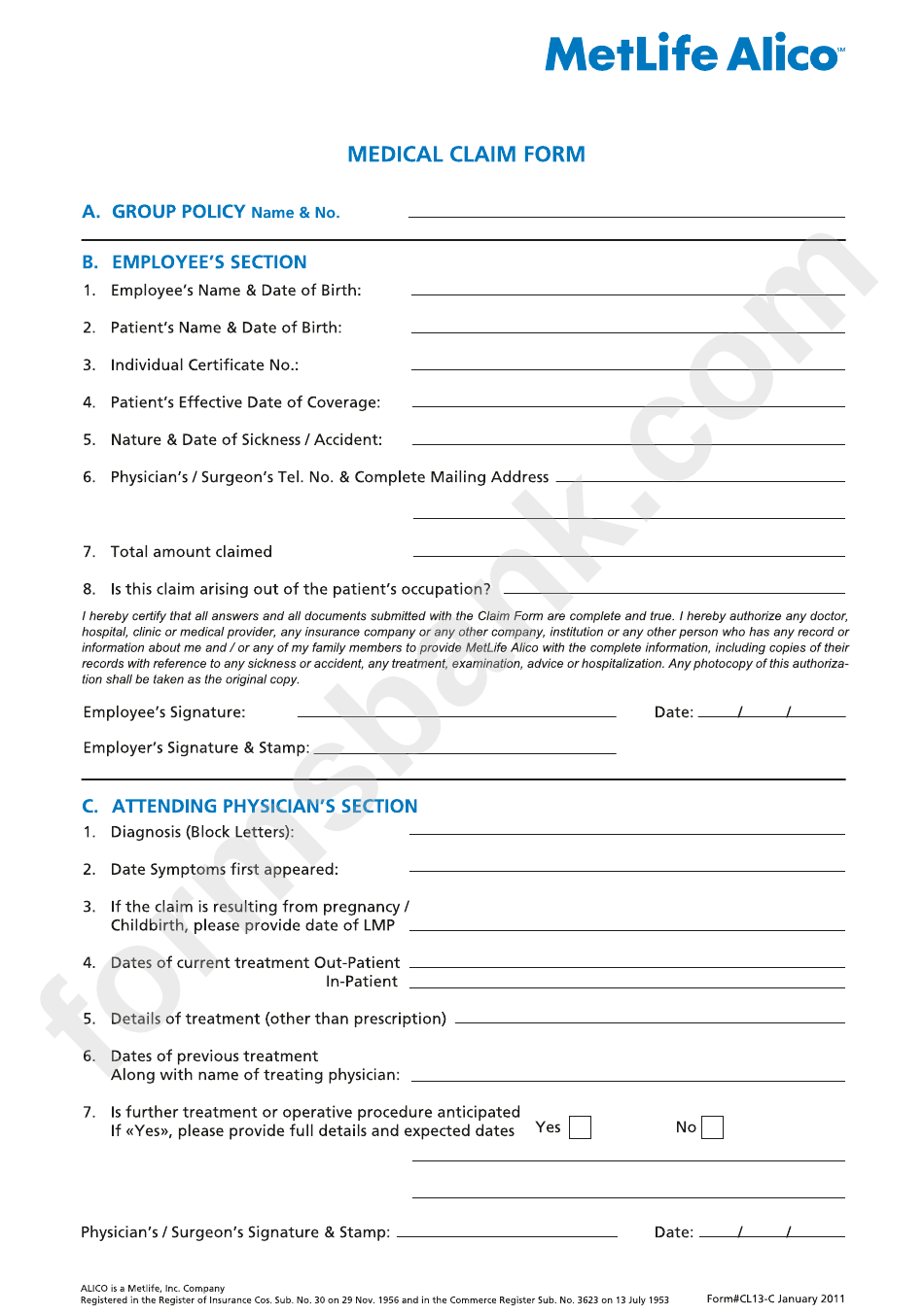 Metlife Alico Medical Claim Form Printable Pdf Download