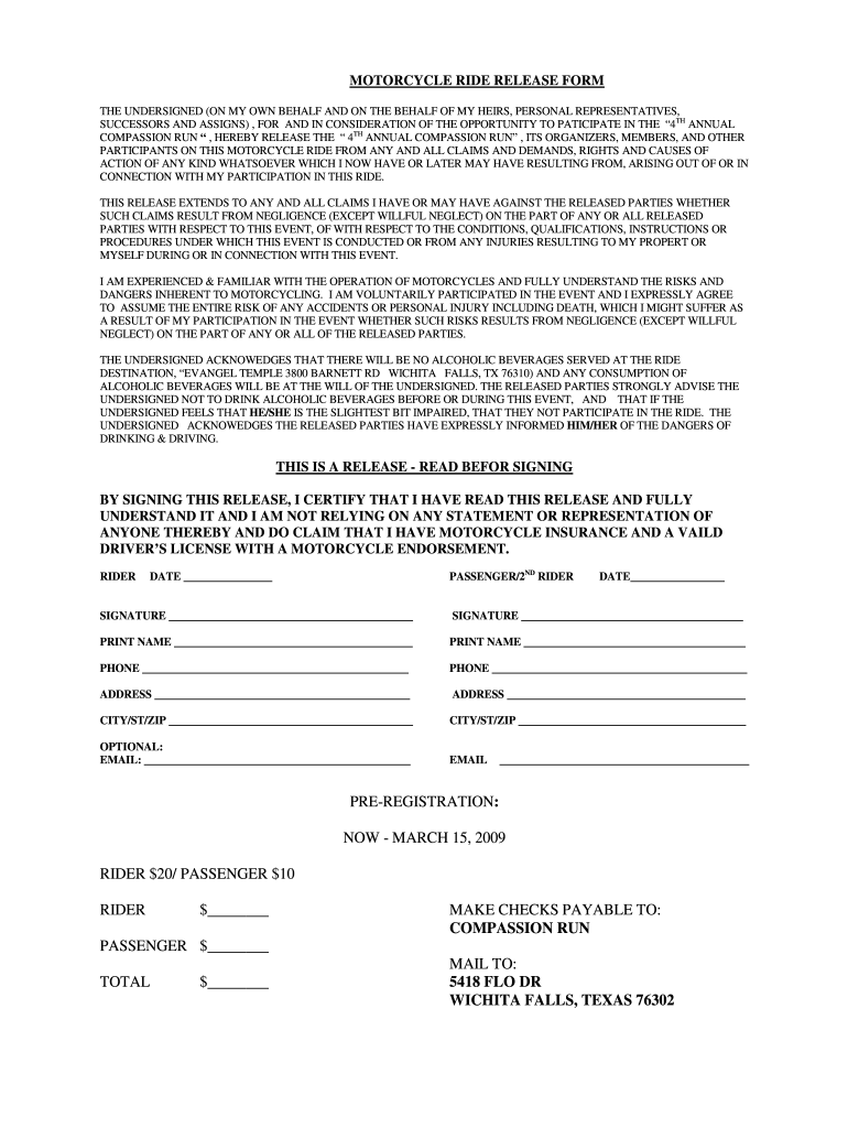 Motorcycle Rally Release Form Fill Out And Sign Printable PDF