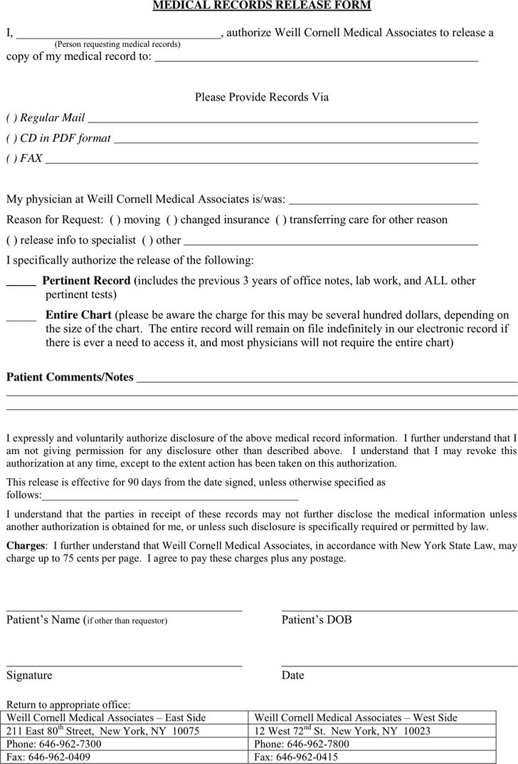New York Medical Records Release Form Download Free Printable Blank