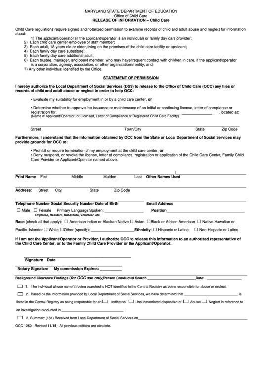 Occ 1260 Form Release Of Information Child Care Printable Pdf Download