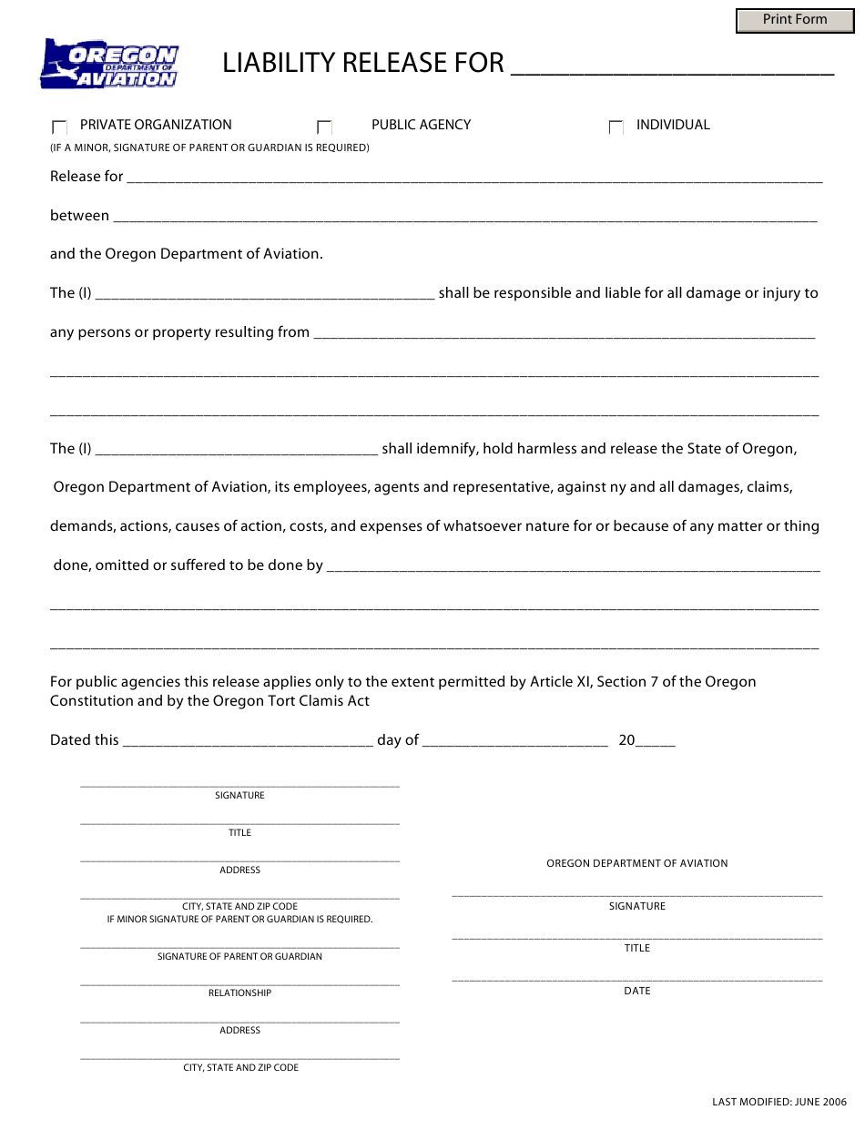 Oregon Liability Release Form Download Fillable PDF Templateroller