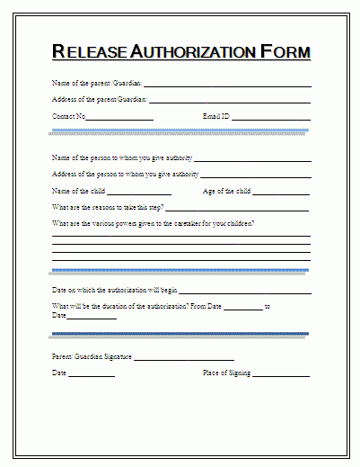 Printable Release Authorization Forms Free Word s Templates