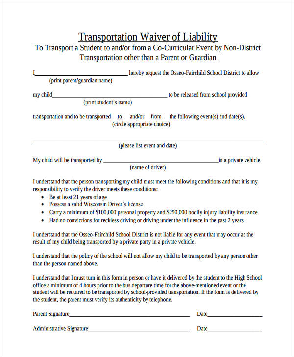 Transportation Liability Waiver Template TUTORE ORG Master Of Documents