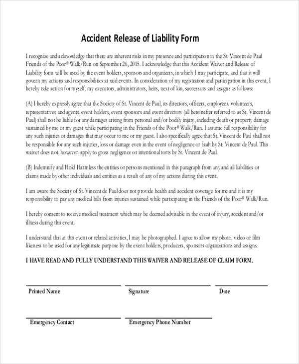 Accident Release Of Liability Form Pdf ReleaseForm