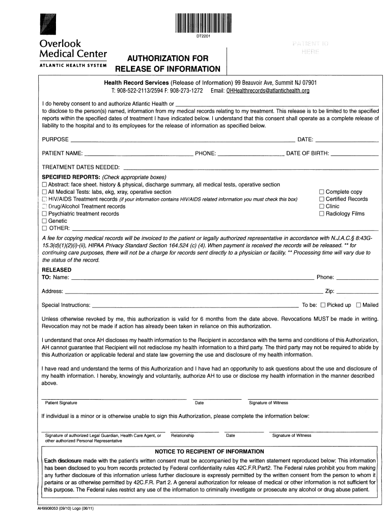Atlantic Health Release Of Information Form Fill Out Sign Online