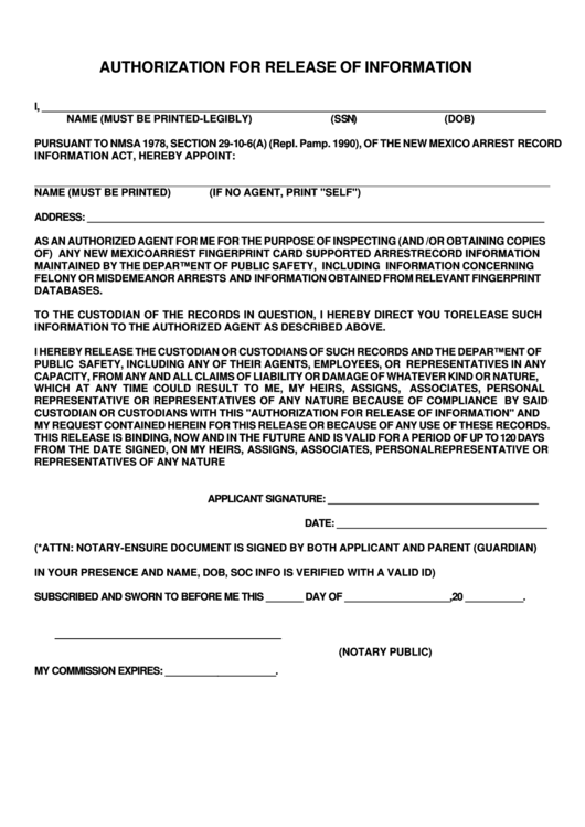 Authorization For Release Of Information Form Printable Pdf Download