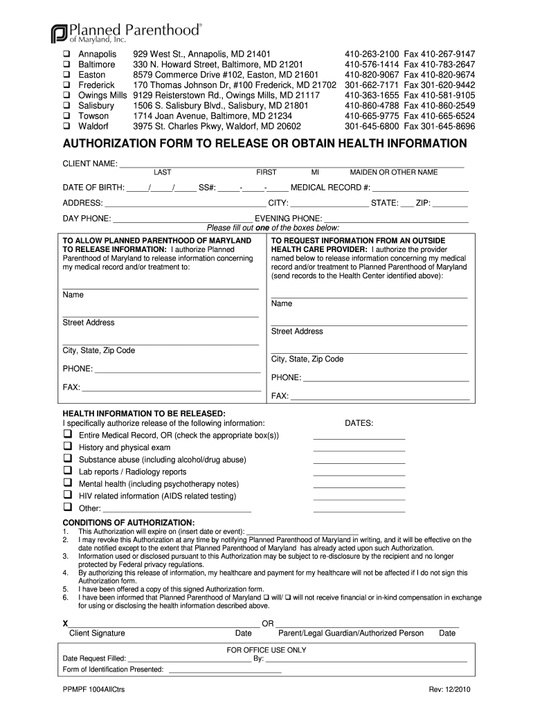 AUTHORIZATION FORM TO RELEASE OR Planned Parenthood 