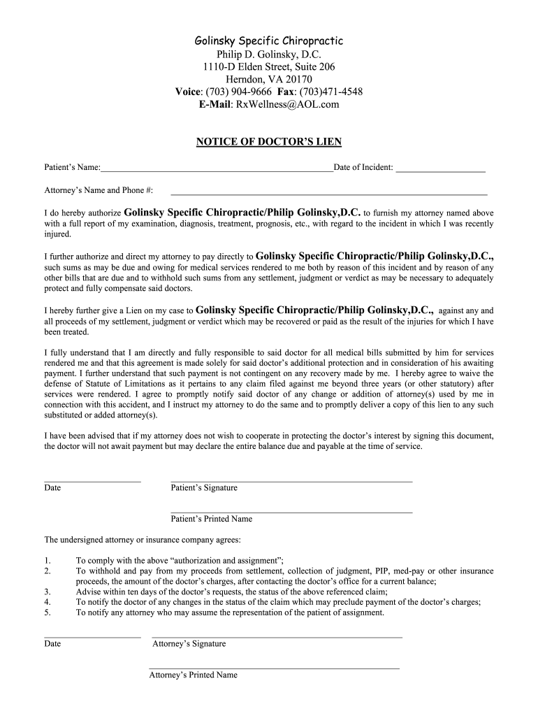 Chiropractic Lien Form For Personal Injury Fill Out Sign Online DocHub