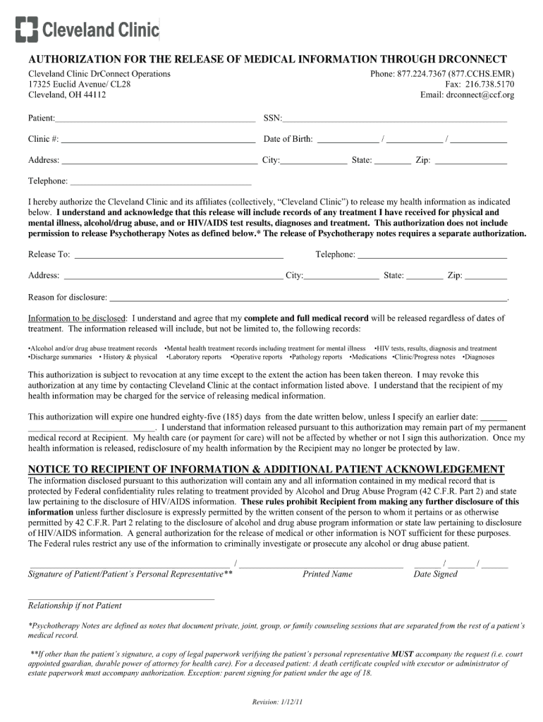 Cleveland Clinic Medical Records Release Fill Out Sign Online DocHub