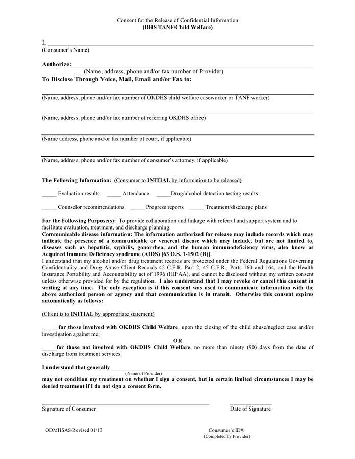 Consent For The Release Of Confidential Information Form In Word And