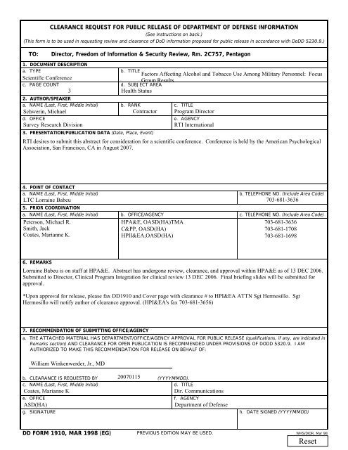 DD Form 1910 Clearance Request For Public Release Of Tricare