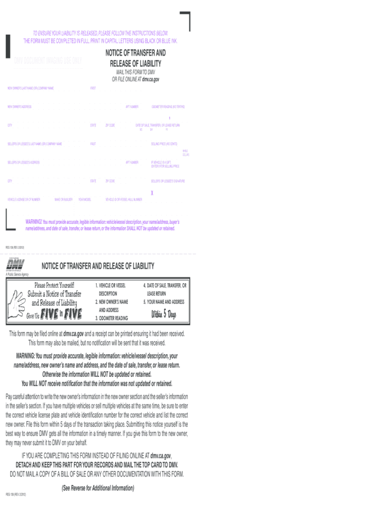 Dmv Release Of Liability Printable Blank PDF Online
