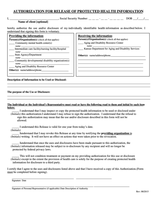 Fillable Authorization For Release Of Protected Health Information Form