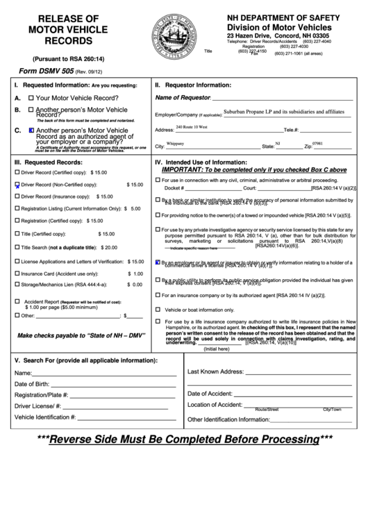 Fillable Form Dsmv 505 Release Of Motor Vehicle Records Division Of