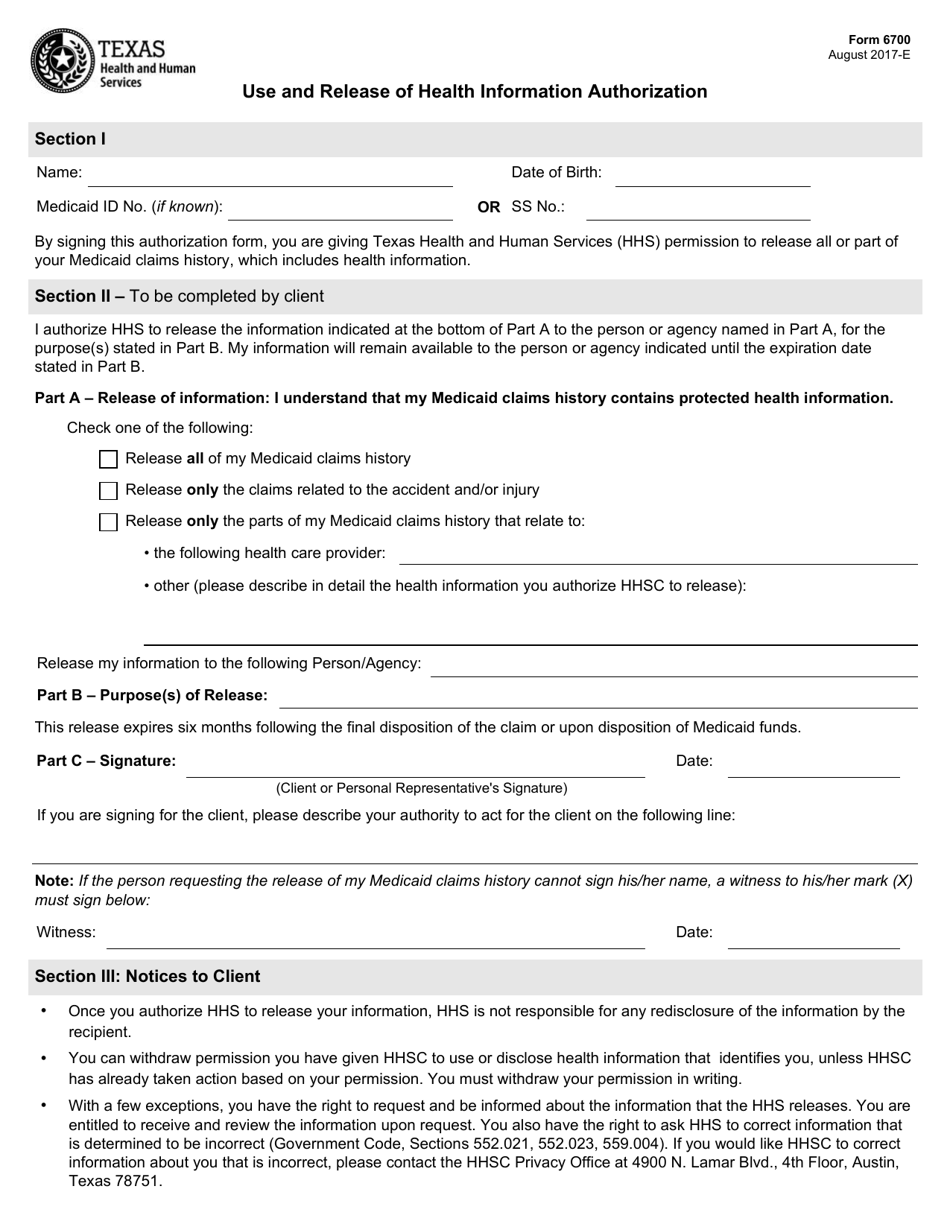 Form 6700 Download Fillable PDF Or Fill Online Use And Release Of