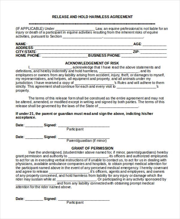 FREE 12 Sample Hold Harmless Agreement Forms In PDF MS Word