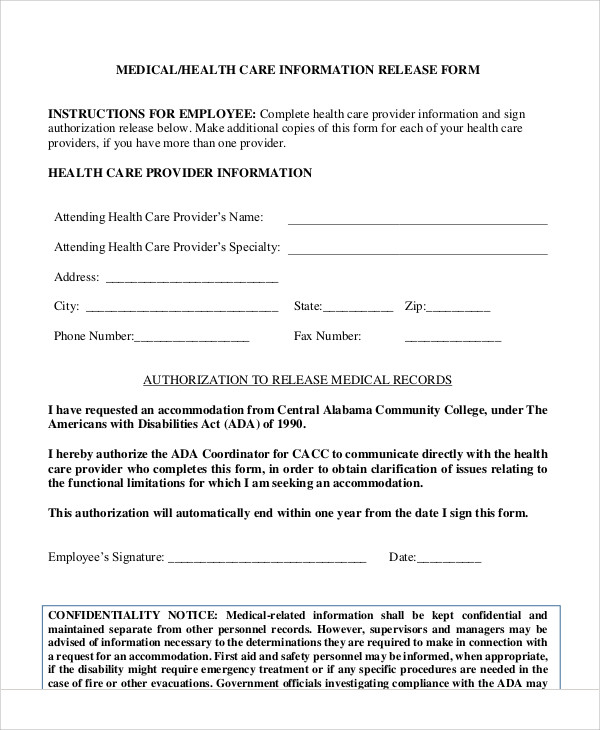 FREE 7 Sample Medical Information Release Forms In MS Word PDF