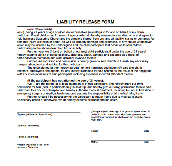 FREE 9 Sample Liability Release Form Examples In PDF MS Word