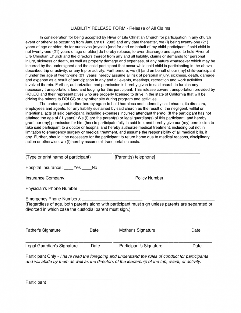 Free California Liability Release Form Release Of All Claims Form 
