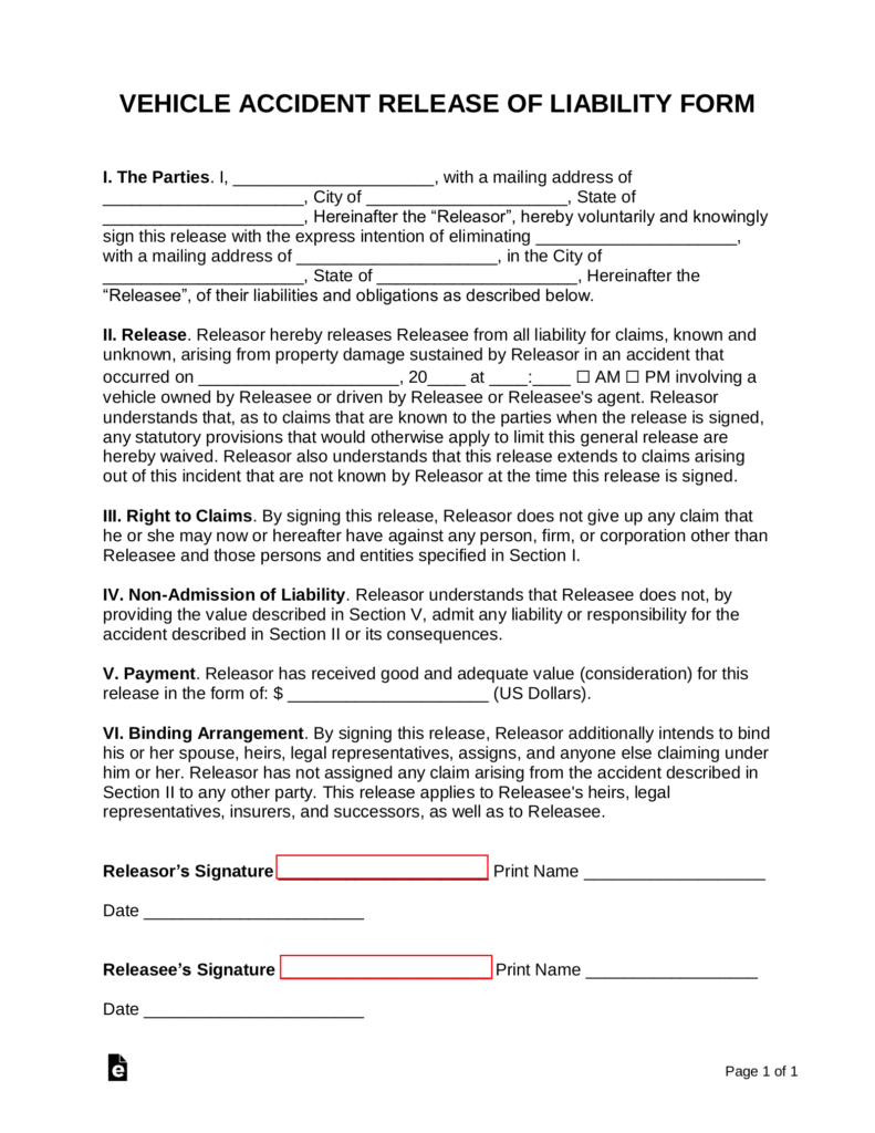 Free Car Accident Release Of Liability Form Settlement Agreement 
