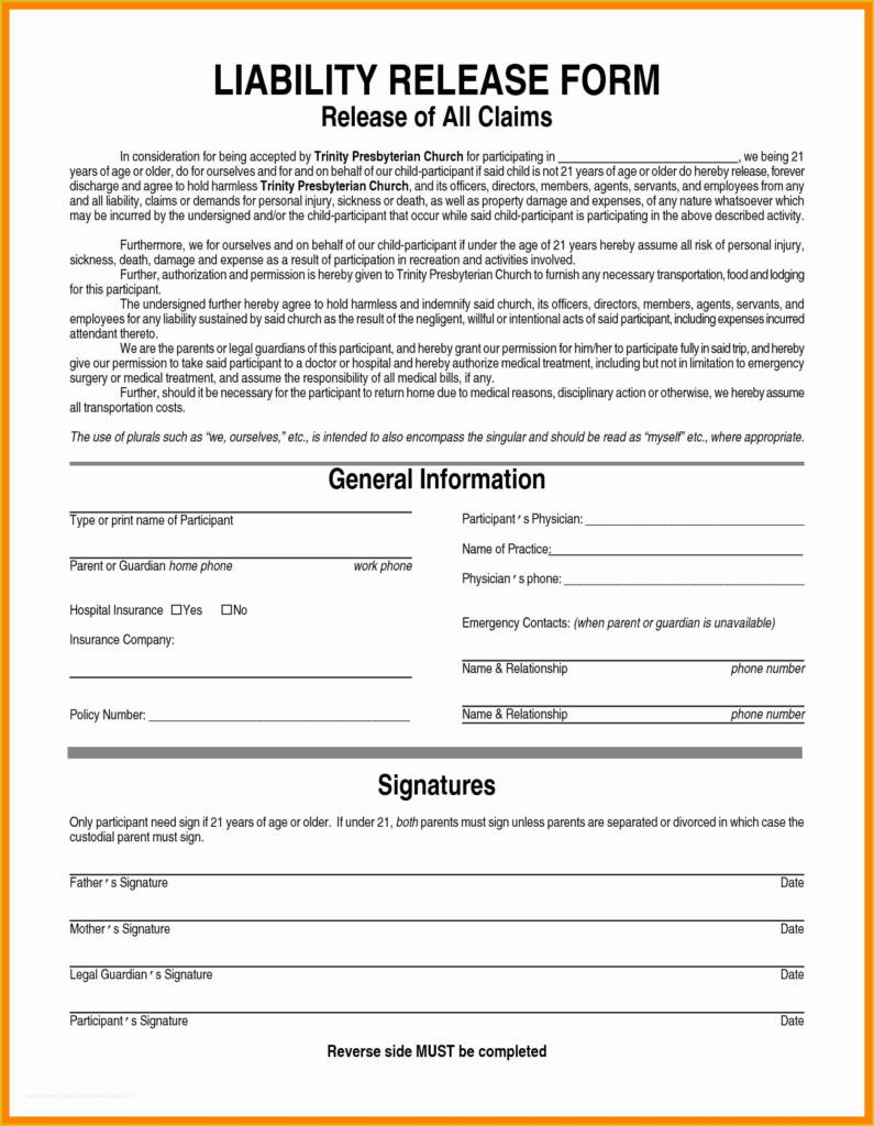 Free General Liability Release Form Template Of General Release Forms 