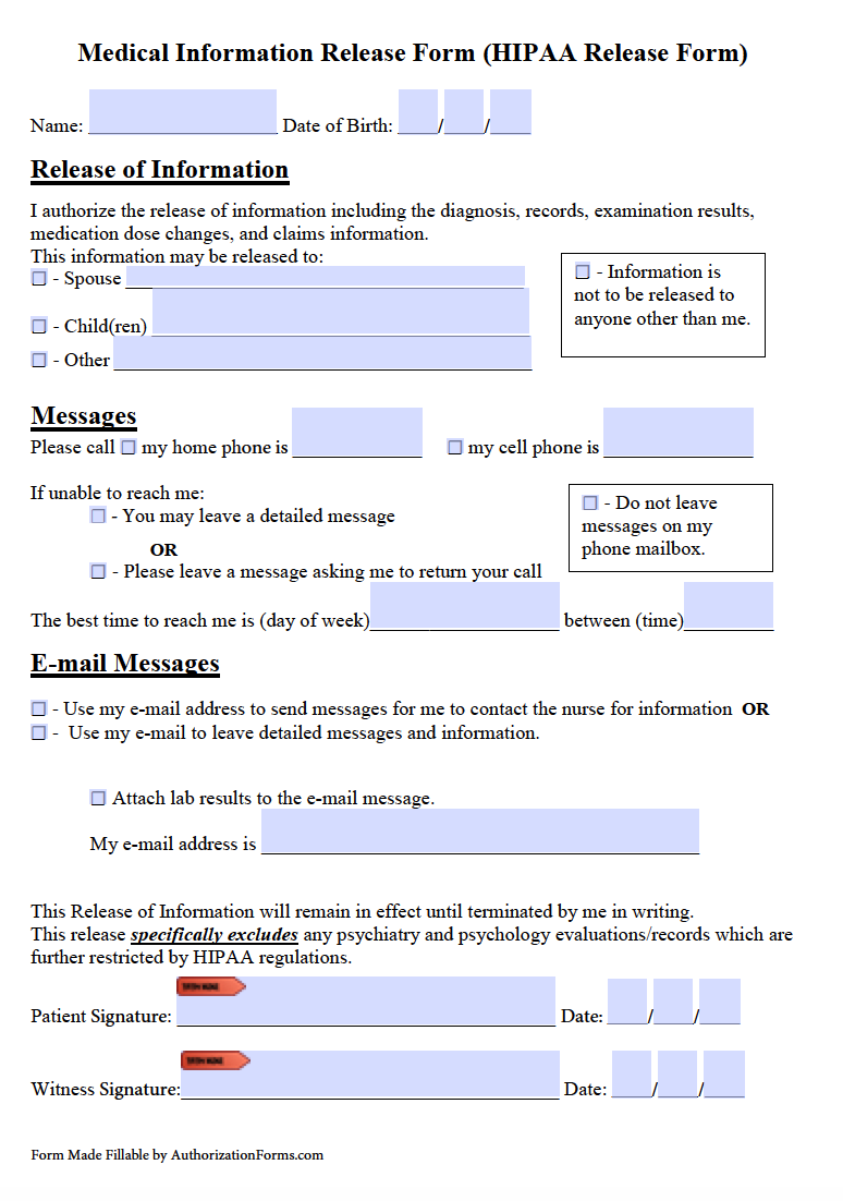 Free HIPAA Medical Release Authorization Form PDF