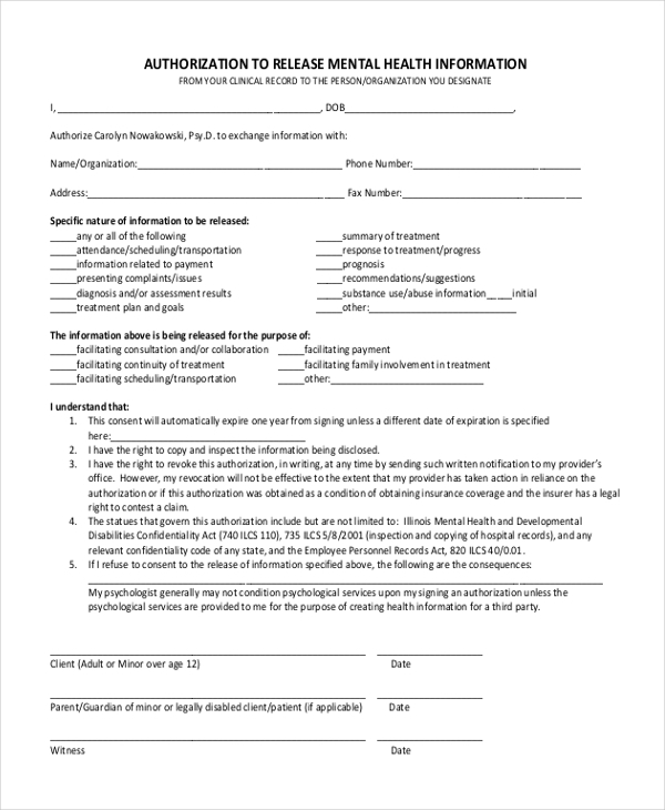 Free Mental Health Release Of Information Form ReleaseForm