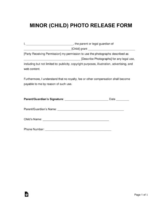 Free Minor Child Photo Release Form Word PDF EForms Free