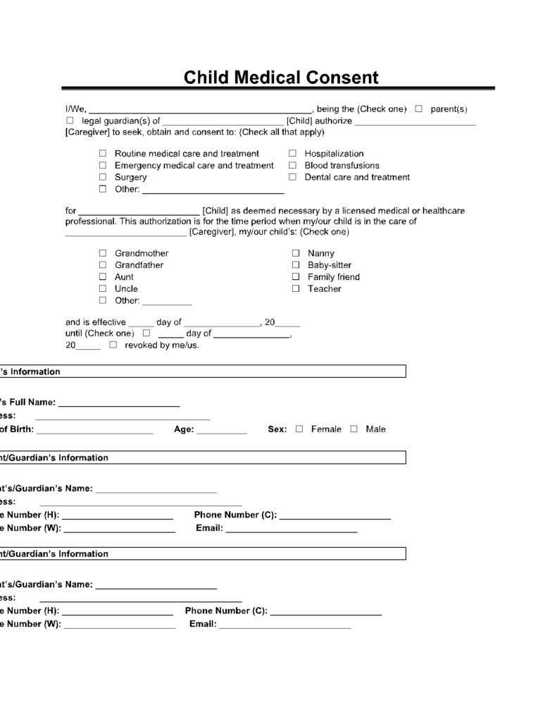 Free Printable Medical Release Form For Minor Printable Form 