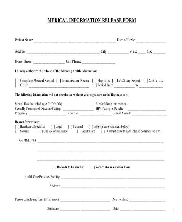 Free Printable Release Of Medical Information Form Printable Forms 
