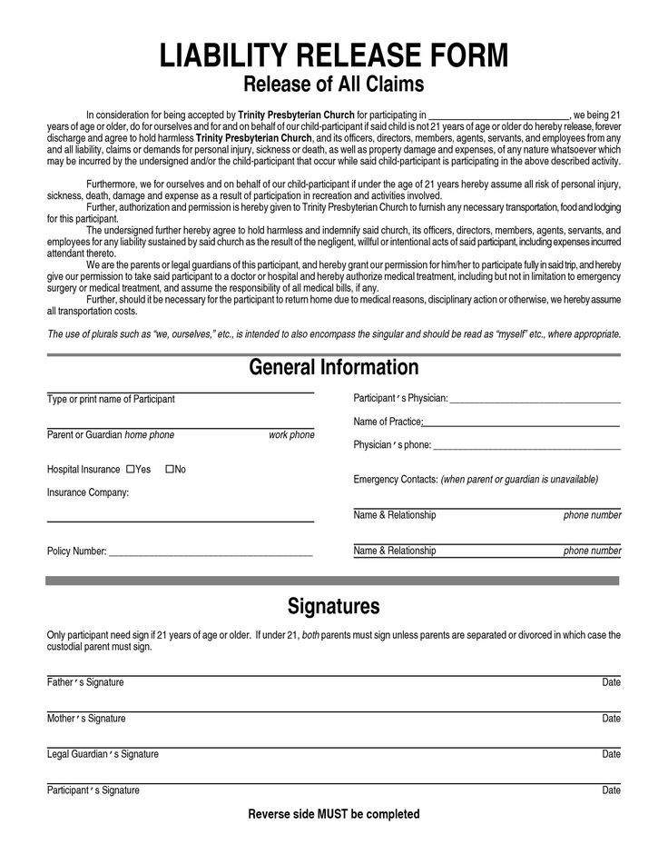 General Liability Waiver Form General Liability Release Form 