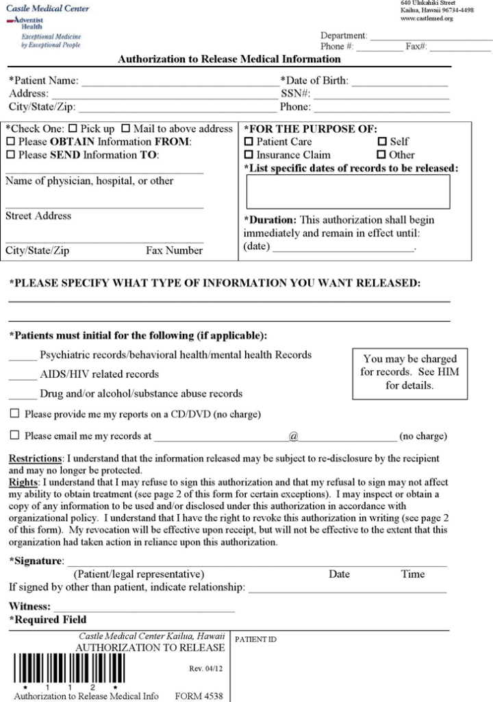 Hawaii Authorization To Release Medical Information Form Download The 