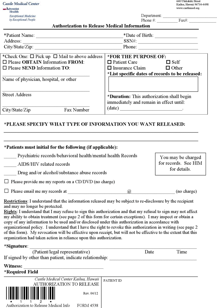 Hawaii Authorization To Release Medical Information Form Download The