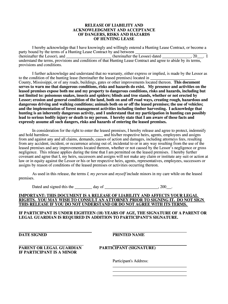 Hunting Liability Release Form Fill Out And Sign Printable PDF 
