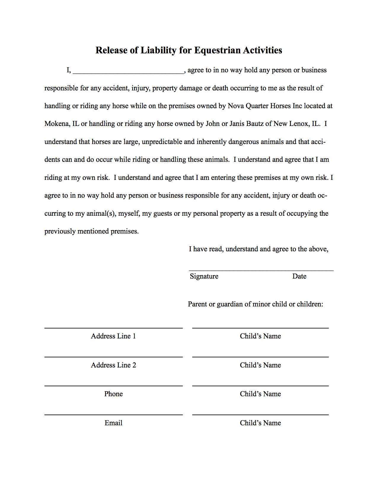 Liability Release Waiver Form Free Printable Documents